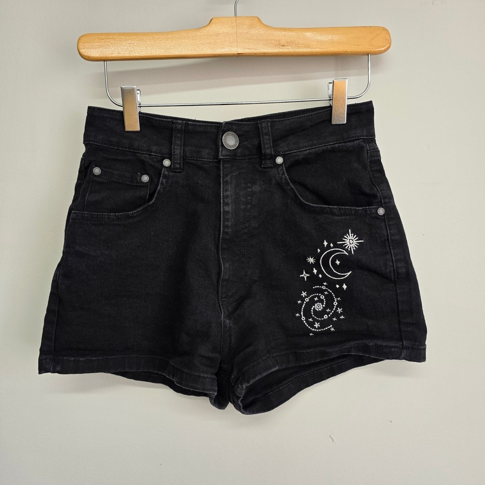 Disturbia Celestial Embroidered Denim Shorts Womens 26 Moon Star Goth Witchy
